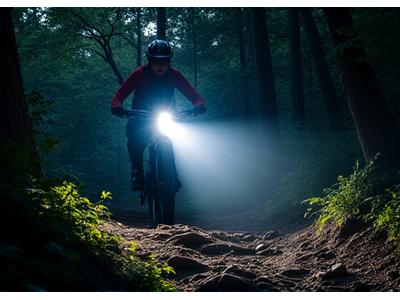 Mountain biker with helmet-mounted light traversing a technical dark trail.