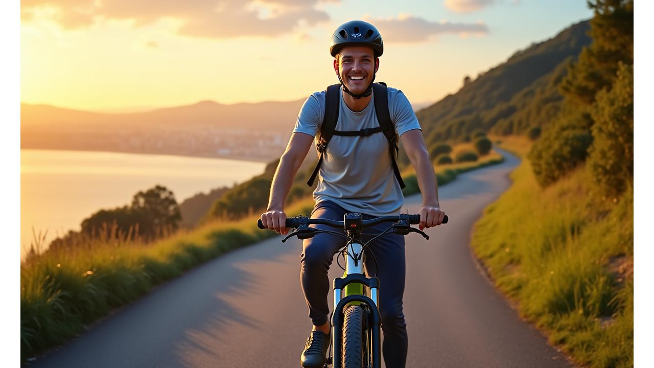 Happy e-bike rider on a scenic path, enjoying their ride with integrated accessories.