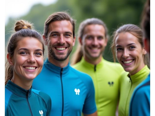 A diverse team of four young, energetic cycling enthusiasts smiling and looking at the camera, wearing branded RideGear Pro jerseys in blue and lime green.